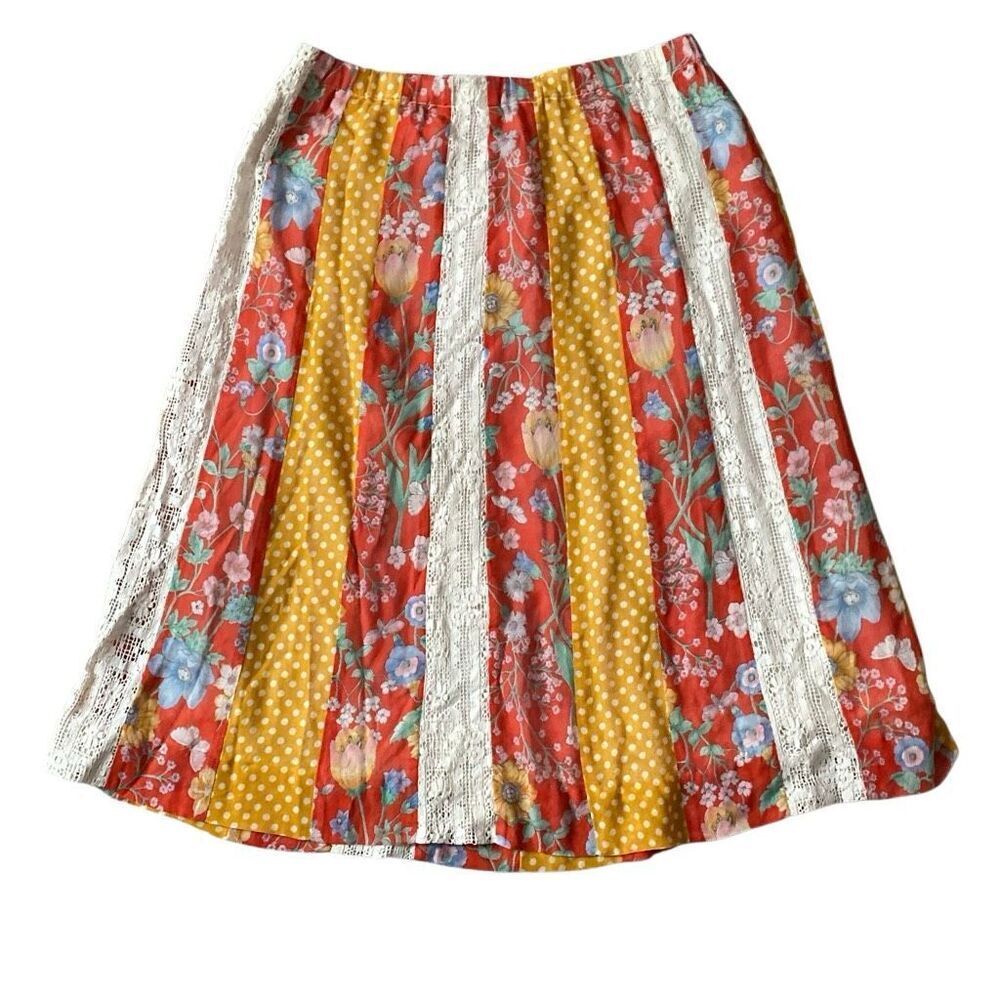 Vintage Chessa Davis Skirt Patchwork Cottagecore Crochet Lace Midi Grandma 70s S